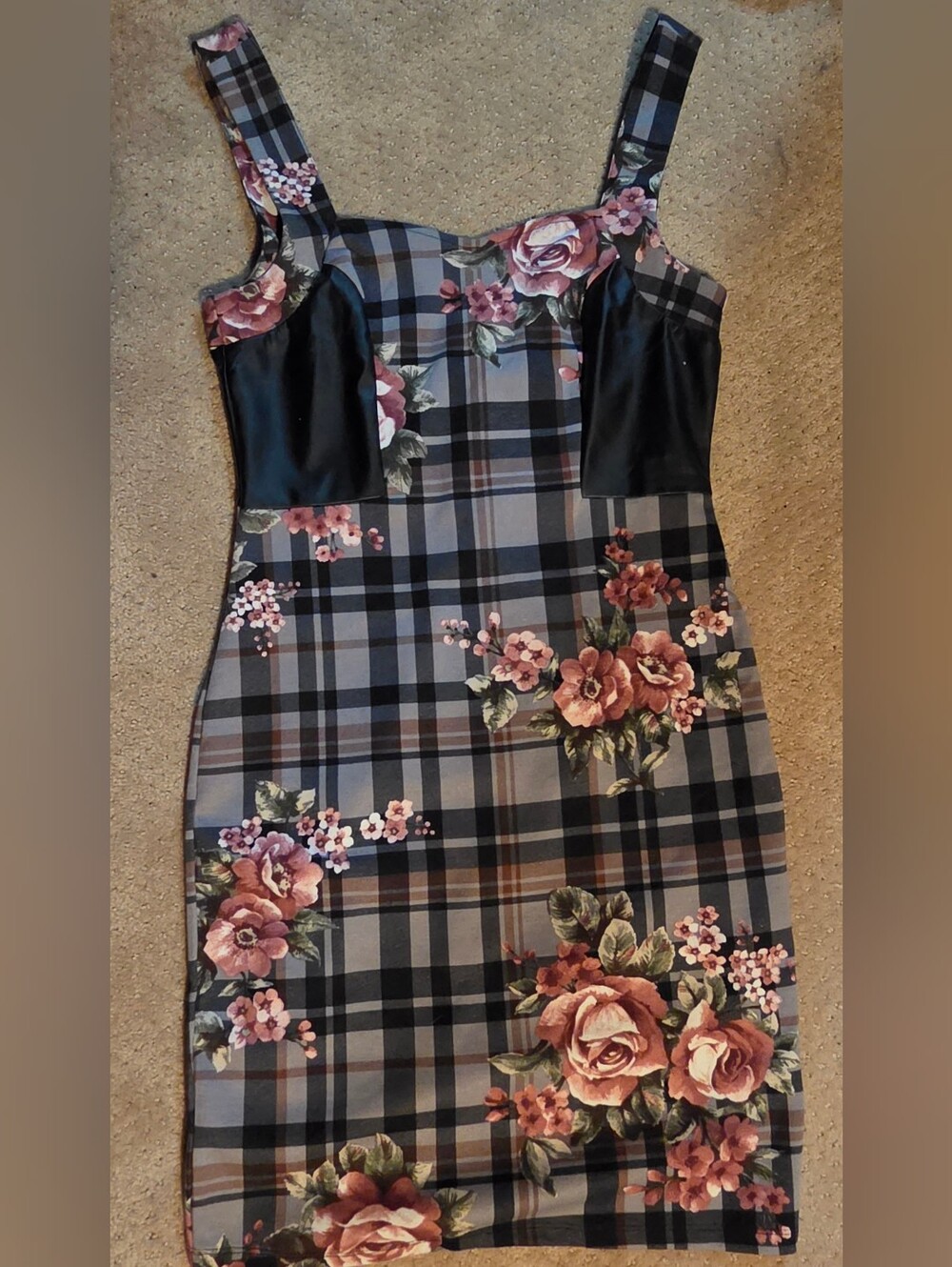 Venus Floral Plaid Bodycon Dress in Black and Rose, S